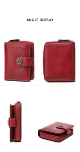 Vue multi-angle d'un portefeuille en cuir rouge avec détails ajourés et boucle en métal