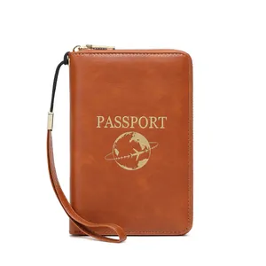 Protège-passeport marron anti-RFID avec fermeture éclair et motif voyage autour du monde