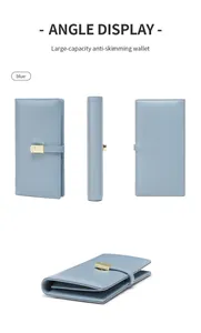 Multi-angle view of slim light blue RFID blocking leather wallet with gold buckle