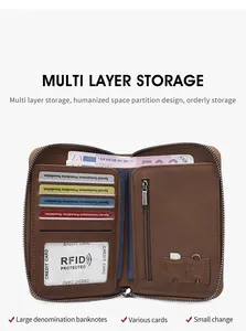 Detail of vintage leather passport wallet featuring RFID protection and card slots