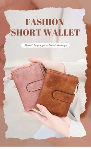 Detailed view of fashion short wallets in pink and brown with multi-layer storage