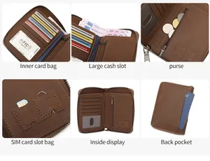 Detailed views of RFID blocking leather travel wallet with SIM card slots and zip pocket