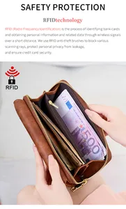 Detail van de lange RFID-portemonnee met grote vakken en gouden ritssluiting