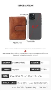 Detailed size guide of retro brown RFID wallet next to a 6.1-inch smartphone