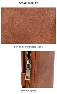 Macro detail of retro brown leather texture and smooth bronze metal zipper on a long wallet