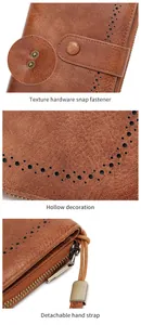 Detail of vintage leather wallet showing snap fastener, hollow pattern and wrist strap