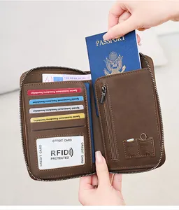 Detailed interior of vintage brown leather RFID passport holder with dual SIM card slots