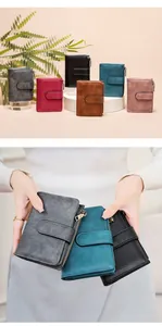 Close-up of compact multi-slot RFID blocking trifold wallets in various retro colors