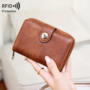 Portafoglio Corto Donna in Pelle PU con Protezione RFID Vintage Slot Carte Multipli Portamonete con Cerniera Clutch Pieghevole
