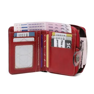 Portefeuille court vintage rouge pour femme avec design ajouré et fentes pour cartes