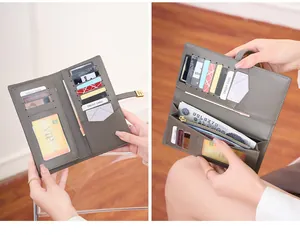 Detail view of the gray leather long wallet showing multi-card slots and zippered pouch