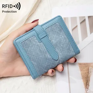 Portefeuille Court Vintage à Carreaux pour Femmes Protection RFID en Cuir PU Porte-monnaie Pliable Multi-emplacements Cartes Cadeau Mode