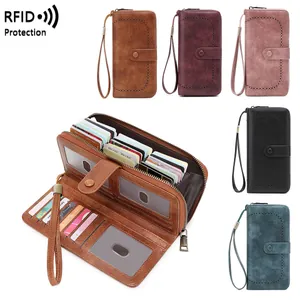 Women RFID Blocking Long Wallet Vintage Faux Leather Cutout Organ Card Holder Large Capacity Wristlet Handbag Clutch
