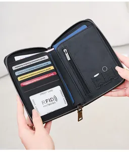 Detail view of RFID blocking passport wallet interior with multi-card slots and SIM storage