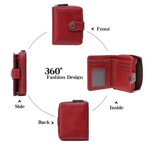 Petit portefeuille rouge pour femme avec motif ajouré et fermeture à bouton en métal