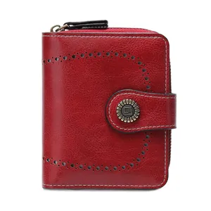 Portefeuille court en cuir rouge rétro pour femme avec découpes et fermeture éclair