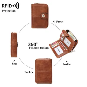 Portafoglio RFID vintage marrone con scomparti per carte e vista multi-angolo