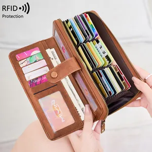 Brown leather RFID blocking clutch wallet with large capacity accordion card slots