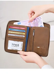 Internal detail of retro leather passport wallet showing RFID card slots and SIM holders
