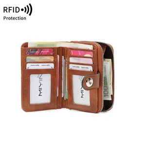 Portafoglio RFID vintage da donna in pelle marrone con molti slot e chiusura a zip