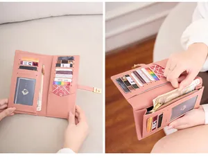 Slim RFID long wallet with multi-card slots and a zipper compartment in soft pink PU leather