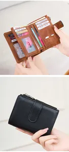 Detail view of RFID blocking leather wallet featuring multiple card slots and coin pocket