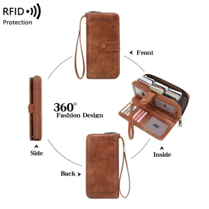 Brown faux leather RFID blocking long wallet with hollow design and multi-card slots