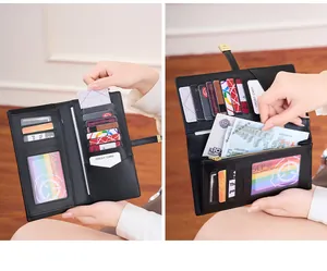 Detailed view of the multi-slot interior and RFID blocking layers of this long leather wallet
