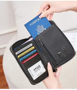 Detail view of RFID blocking passport holder with multi-card slots and SIM storage