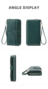 Vista multi-angolo del portafoglio RFID verde scuro con cerniere e dettagli in stile vintage