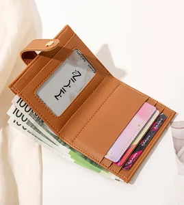 Detailed interior of a brown PU leather folding wallet with card slots and bill compartment