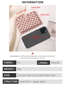 Pink PU leather wallet detail showing dimensions and internal layout with card slots