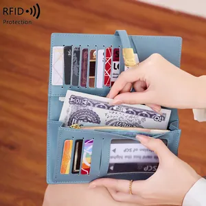 Slim RFID blocking gray-blue long wallet for women with multiple card slots and leather finish