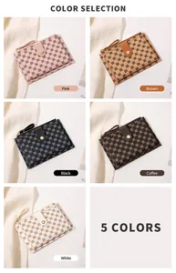 Detailed grid view of slim card holders in five colors with retro geometric patterns