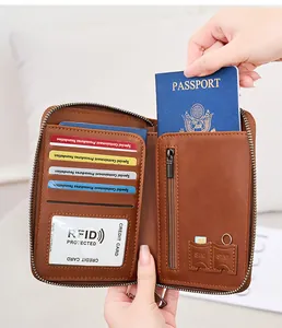Detail view of leather passport holder with RFID protection and multi-card storage