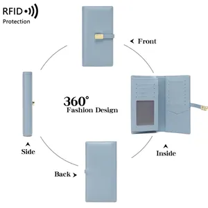 Slim light blue women's long wallet with RFID protection and multi-card slot design