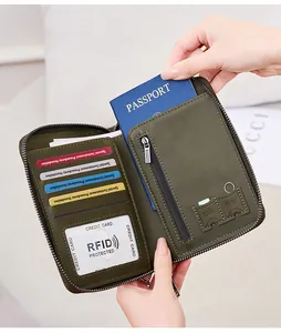 Detail of olive green leather passport holder with RFID blocking slots and SIM card storage