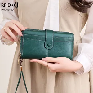 Portafoglio Lungo da Donna Vintage Con Protezione RFID In Pelle PU Grande Capacità Slot Per Carte Multiple Pochette Con Cinturino Da Polso