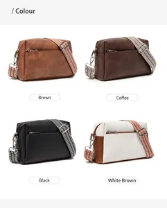 Detail showing vintage soft leather crossbody bags in four colors with woven wide straps