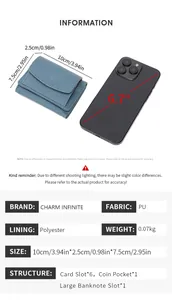 Blue RFID leather wallet size comparison with 6.7 inch phone showing internal card slots