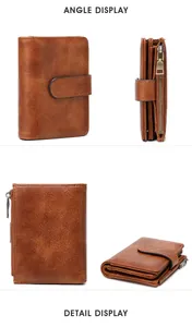 Detailed angle views of a retro brown leather RFID wallet with buckle and zipper