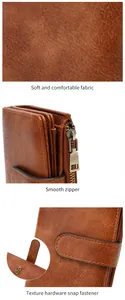 Detail of vintage brown wallet showing soft leather texture, smooth zipper and hardware snap