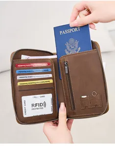 Detail view of leather passport wallet interior with RFID card slots and SIM storage