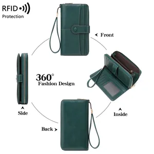 Portafoglio lungo vintage verde da donna in pelle con protezione RFID e cinturino da polso