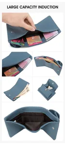 Detailed interior of blue pebble leather wallet with card slots and snap coin pocket