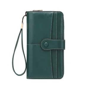 Portafoglio lungo da donna verde scuro con protezione RFID, zip e cinturino