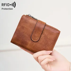RFID Blocking Women Wallet PU Leather Vintage Short 3-Fold Card Holder Purse With Zipper Coin Pocket Multi Slot Wallet