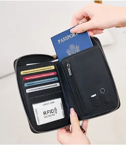 Detail view of RFID passport wallet with internal card slots, SIM pockets and zipper
