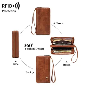 Vintage RFID δερμάτινο μακρύ πορτοφόλι με διπλό φερμουάρ και λουράκι καρπού για άνδρες