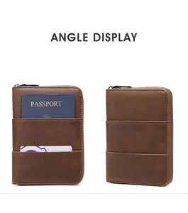 Brown vintage leather RFID passport wallet with zipper and multi-functional slots